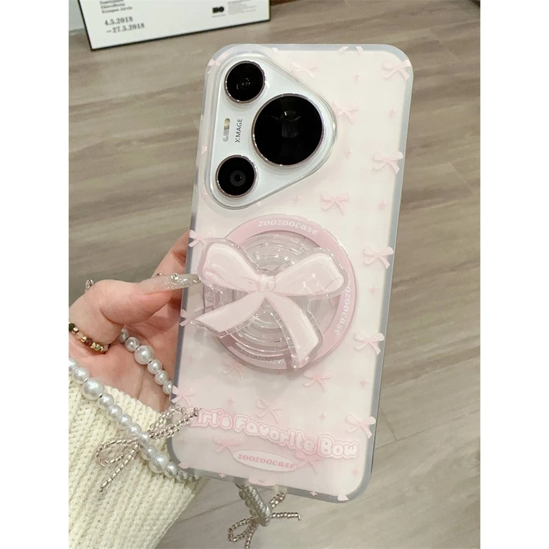 适用华为mate60/50/40pro手机壳粉色蝴蝶结磁吸支架pura70pro链条