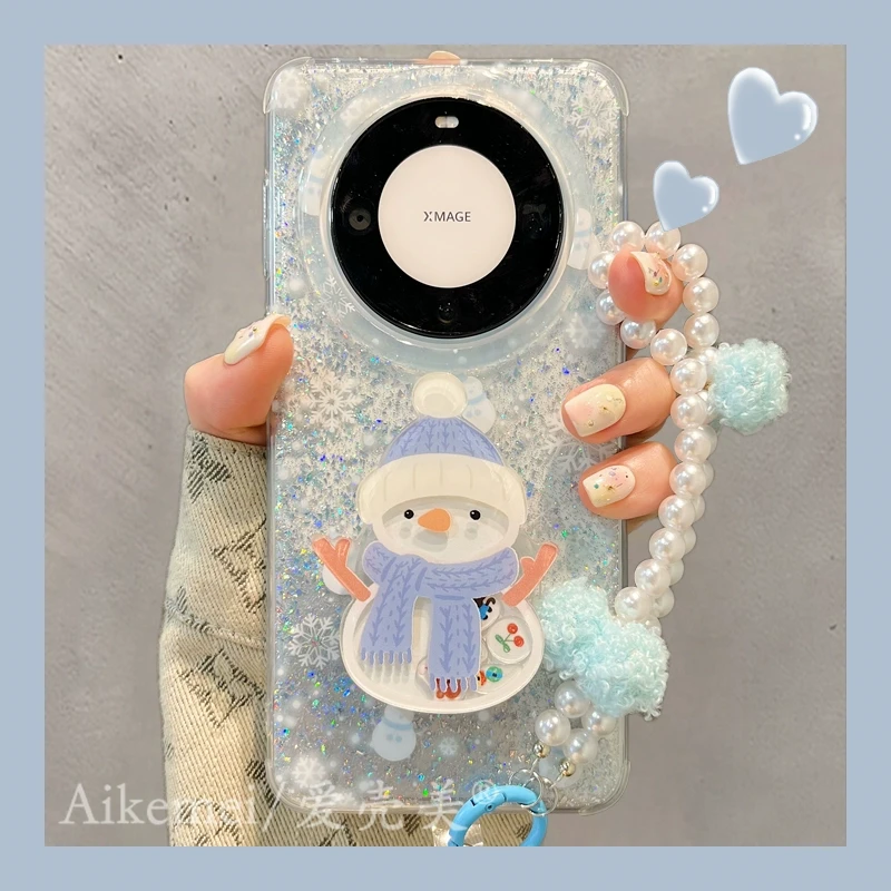 适用华为mate60pro+手机壳冬日闪粉pura70pro+可爱围巾立体雪人女
