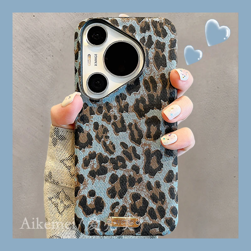 适用华为pura70pro+手机壳秋冬个性绒布mate70pro+豹纹金属标签女