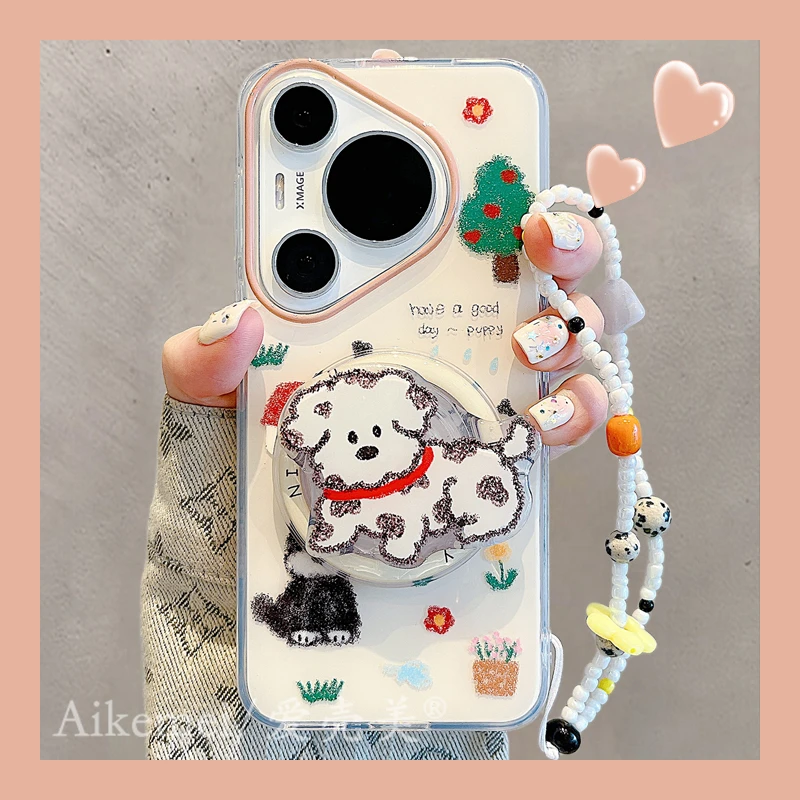 适用华为pura70pro+手机壳卡通油画涂鸦mate60pro+狗狗磁吸壳支架