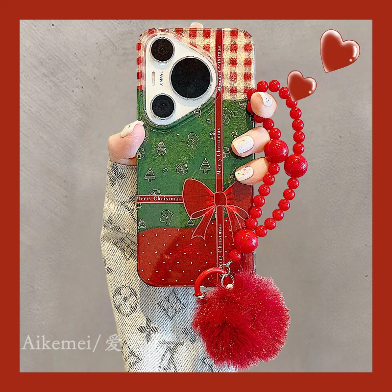 适用华为pura70pro+手机壳圣诞风格纹mate60pro+拼接蝴蝶结小熊女