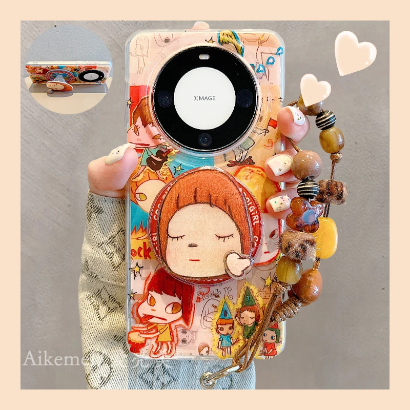 适用华为mate60pro+手机壳吐舌打鼓女孩pura70pro+旋转磁吸支架