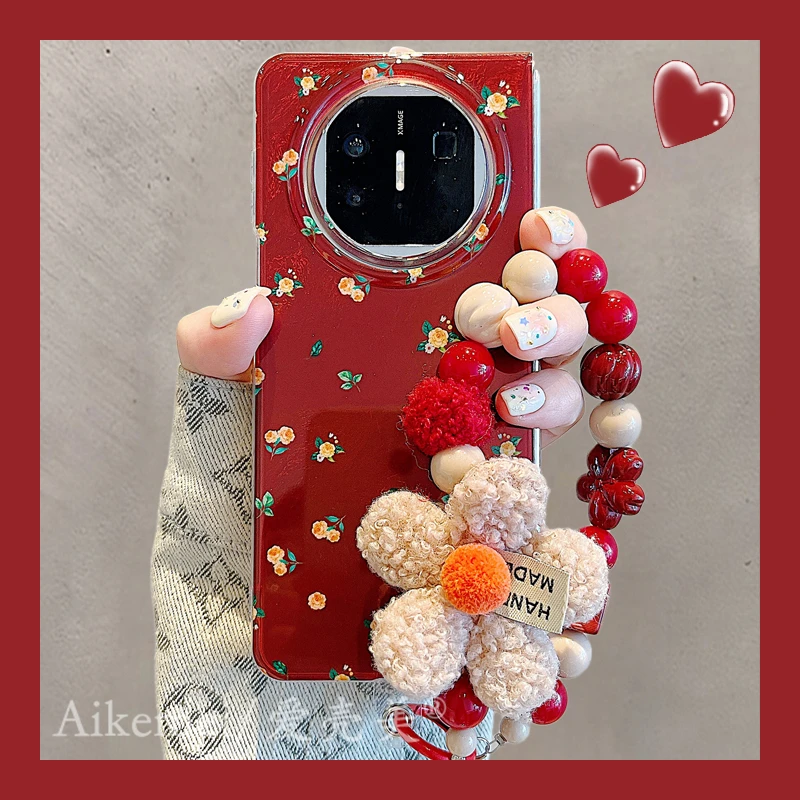 适用华为mateX5折叠屏手机壳复古小碎花MateX3典藏版毛绒花朵链条