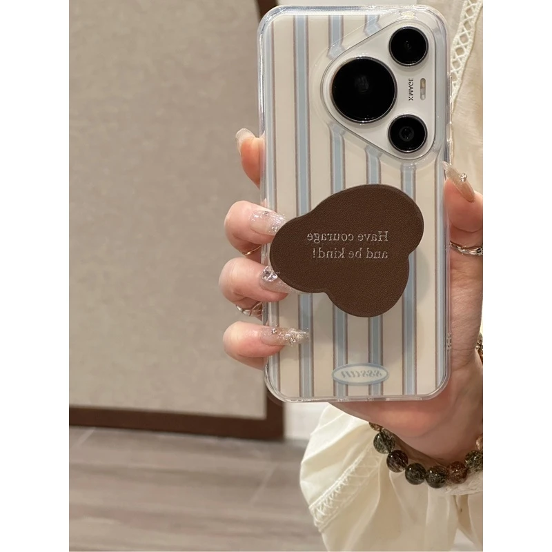 适用华为mate60pro+手机壳pura70pro+条纹咖色云朵支架防摔保护女