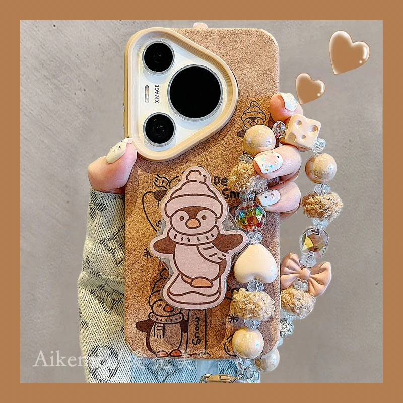 适用华为pura70pro+手机壳秋冬卡通线条mate60pro+滑板企鹅带支架