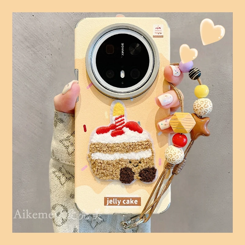 适用华为mate70pro+手机壳可爱卡通mate60pro+皮纹刺绣蛋糕链条女