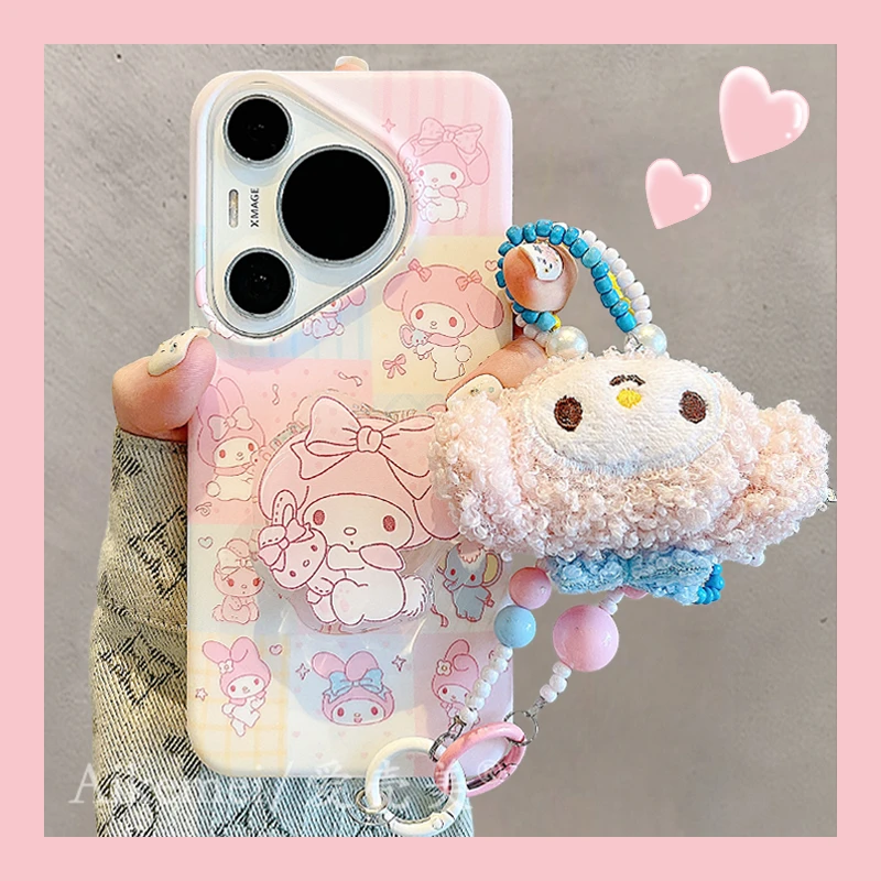 适用华为pura70pro+手机壳少女心彩色mate60pro+格纹美乐蒂带支架