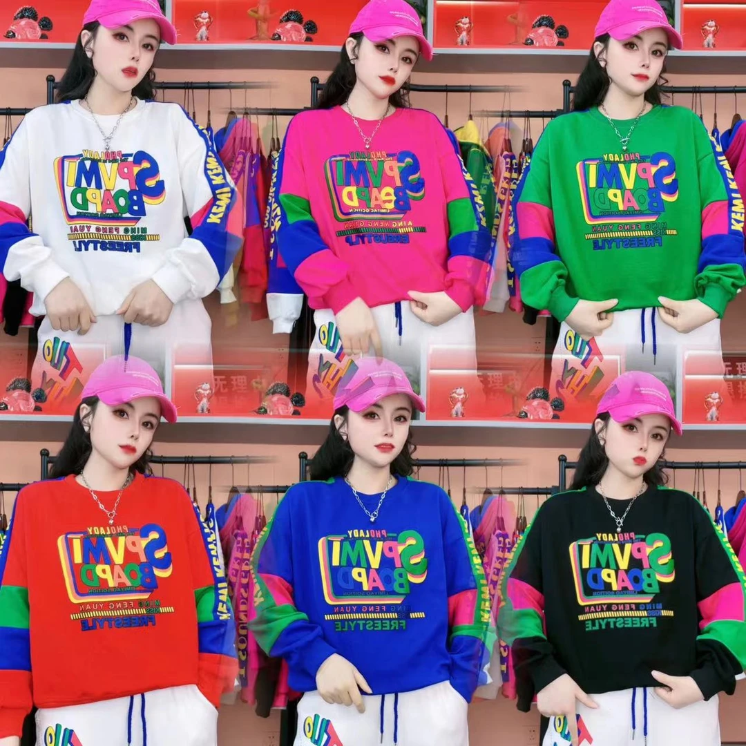 【8807】秋季新款休闲宽松拼接拼色时尚潮流印花长袖圆领女款卫衣