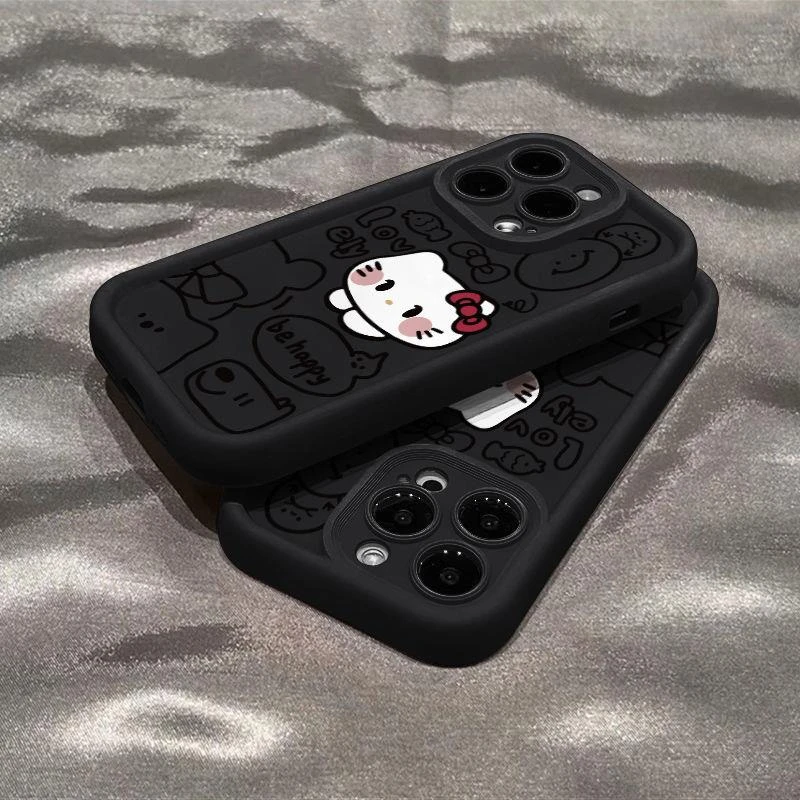 黑线条KT猫iPhone15适用苹果13pro手机壳14Pro12潮款XSMax软壳11