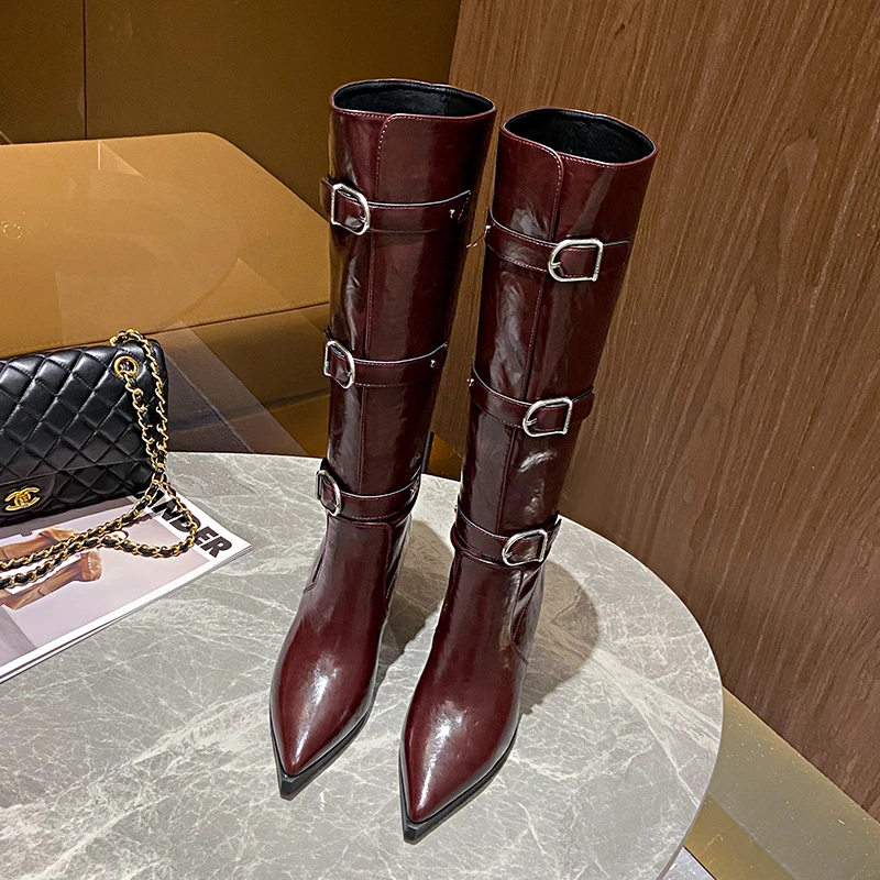 皮带扣尖头粗跟不过膝长靴调性欧货女高筒靴LC 1766