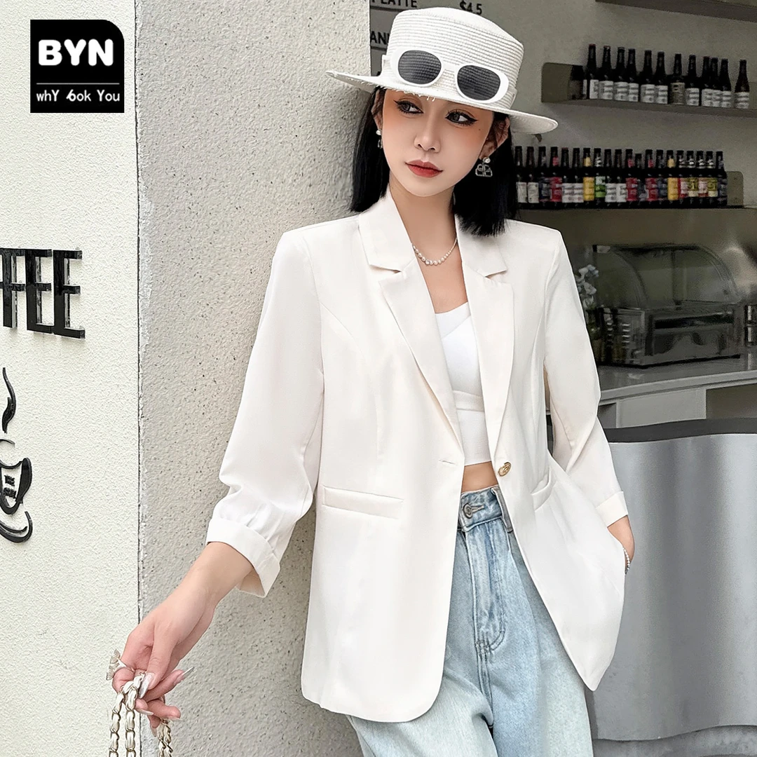 BYN韩版小西装七分袖外套2025春秋薄款小个子休闲女士小西服上衣