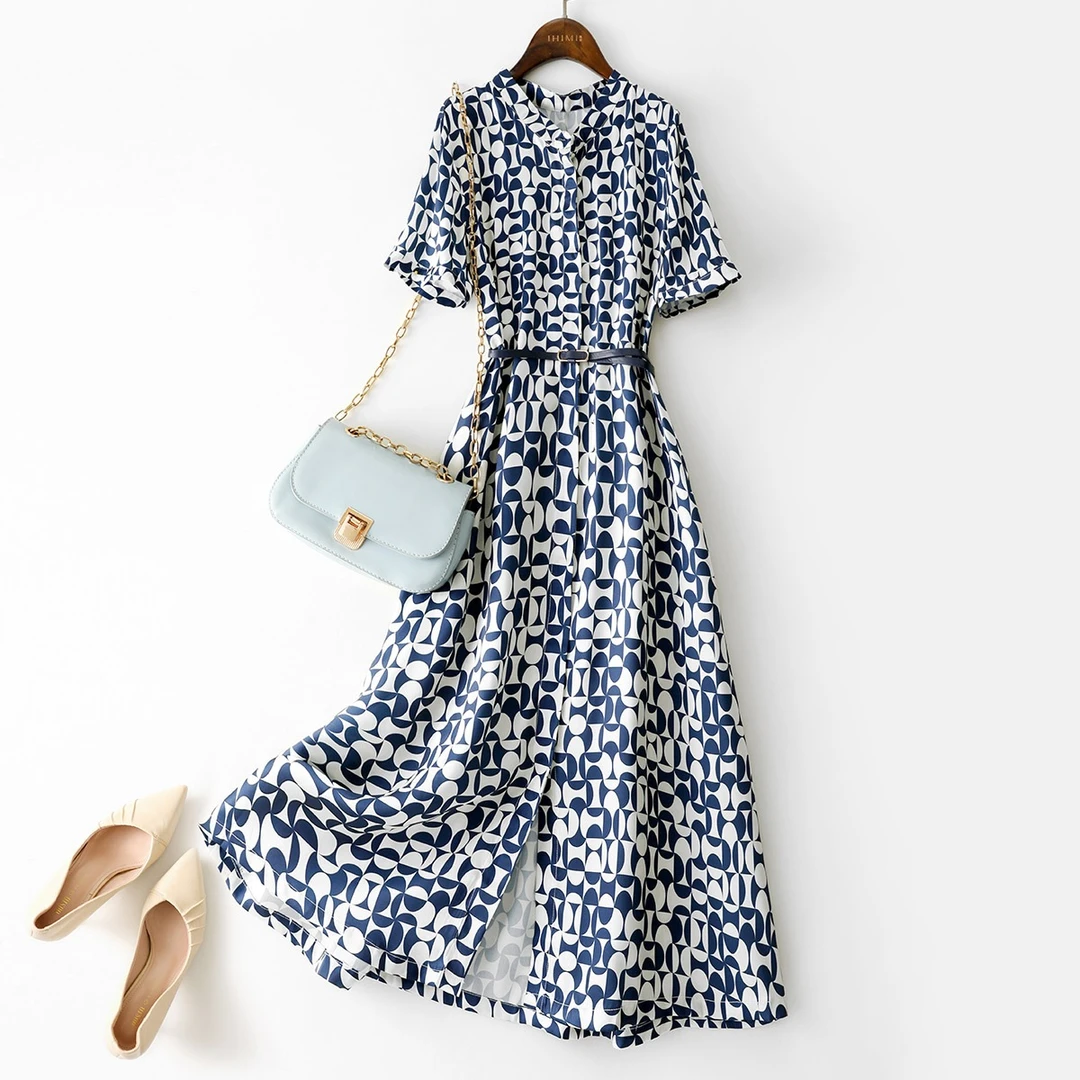 2025显瘦连衣裙女夏季印花收腰休闲优雅复古显瘦长裙气质连衣裙