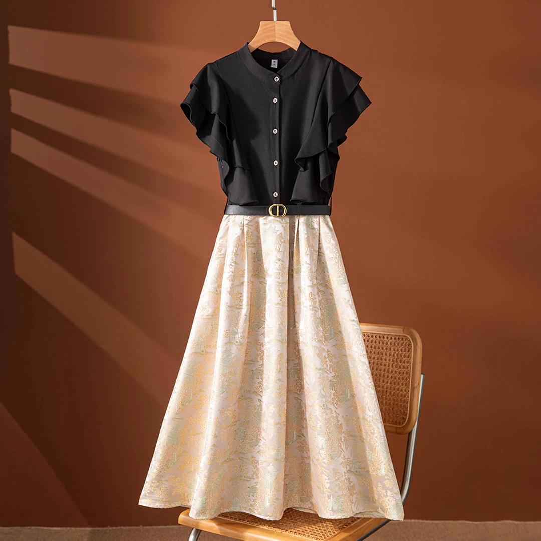 2025黑金刺绣连衣裙女夏季轻奢气质时尚收腰设计师高级中长裙2416