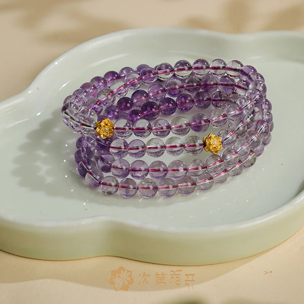 【紫莲】 超七108水晶项链7mm+ 搭配足金24K莲花配饰 K007