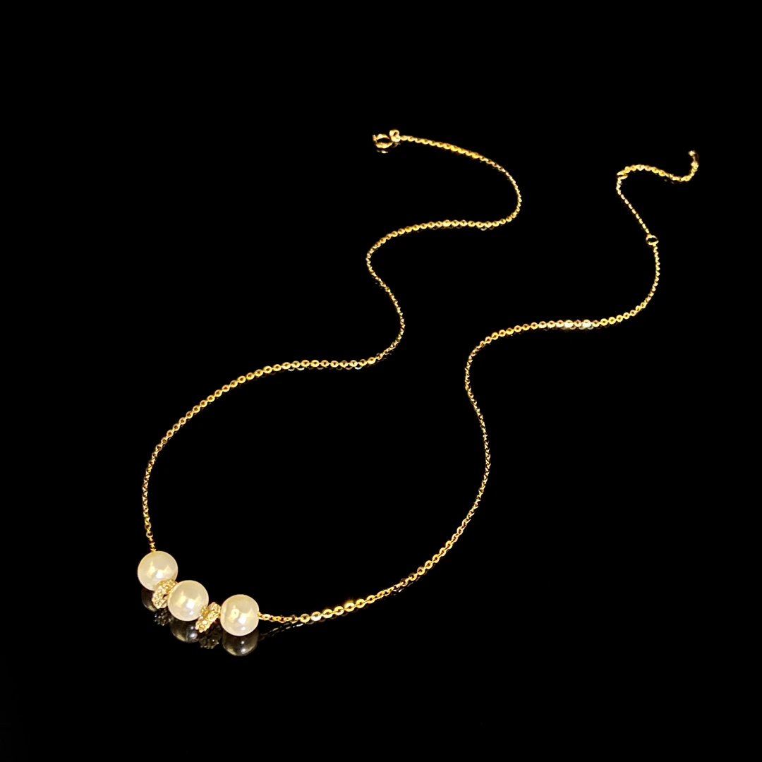 坠链均925银仿珍珠 秋冬新款 小圆球双圆环金色项链X7001