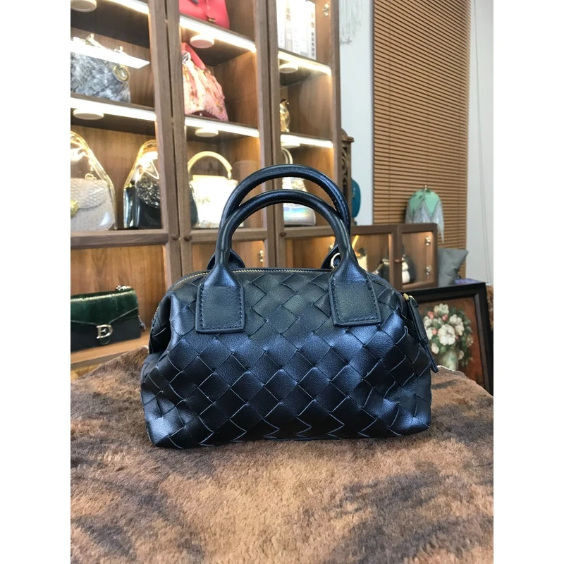 黑色编织包新款手提包韩版时尚单肩菱格斜挎小圆包（默认微瑕疵）