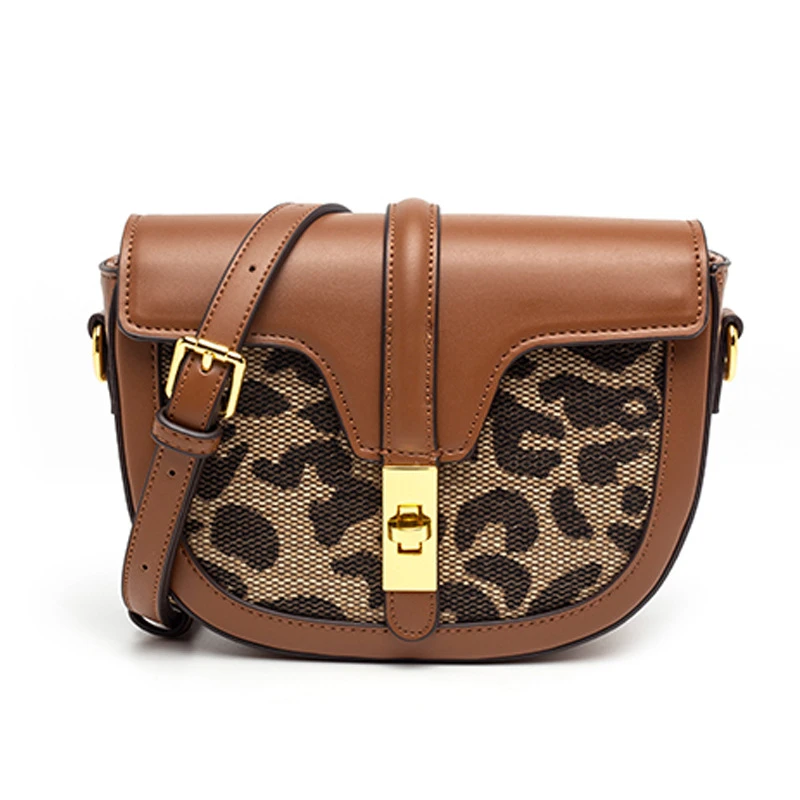 棕色千鸟格豹纹编织马鞍包包包新款复古斜挎包女（默认微瑕疵）