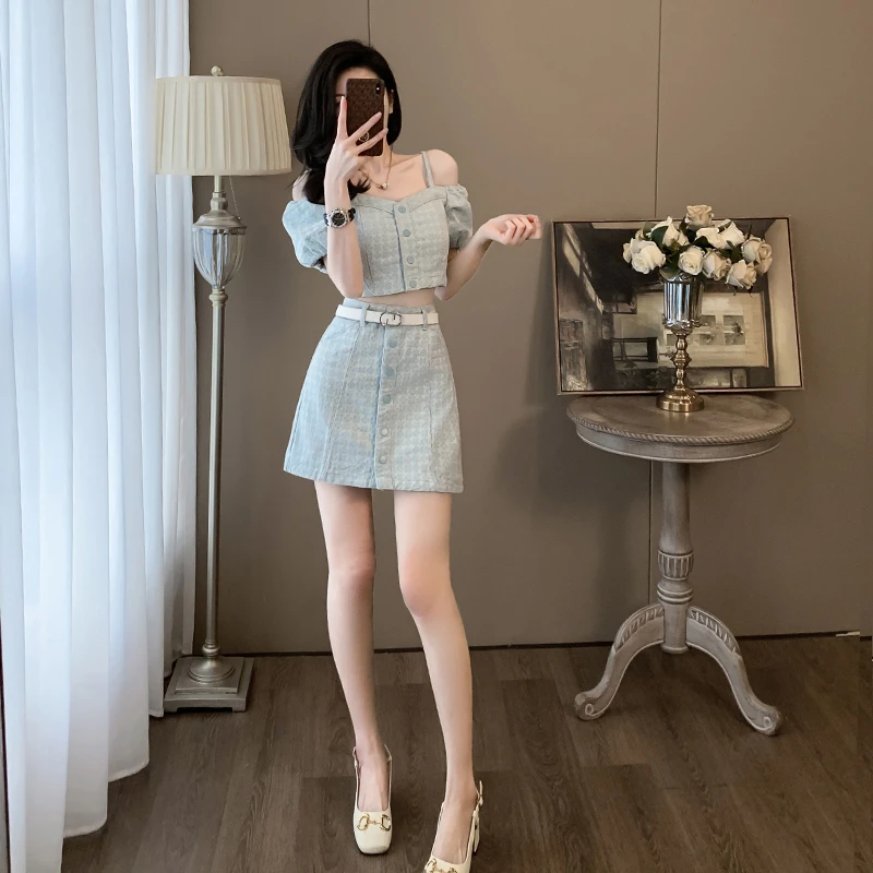 夏季辣妹一字肩露肩小香风套装裙炸街牛仔气质时尚裙子两件套裙装
