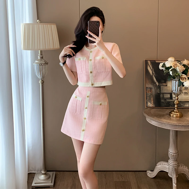 夏季时尚辣妹名媛洋气减龄气质小个子女装小香风两件套裙子套装