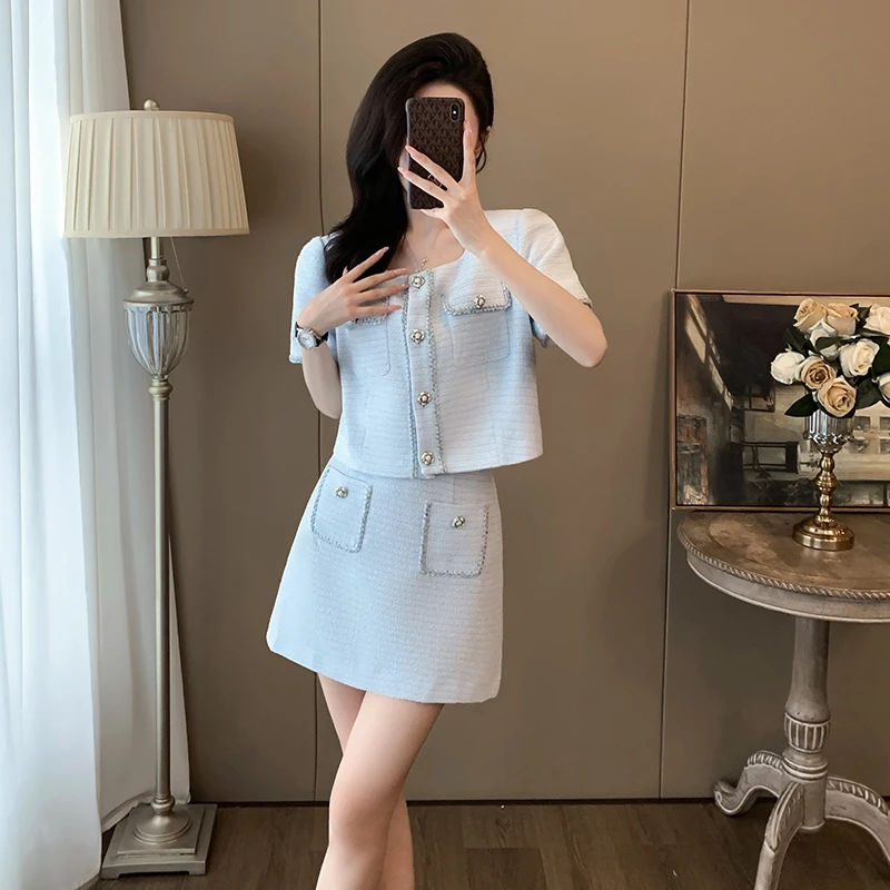 夏季减龄洋气时尚名媛小香风套装裙小个子轻熟风御姐短裙两件套