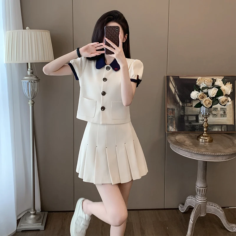 夏季chic甜辣裙小香风套装女小个子初恋清纯奶甜减龄百褶裙两件套