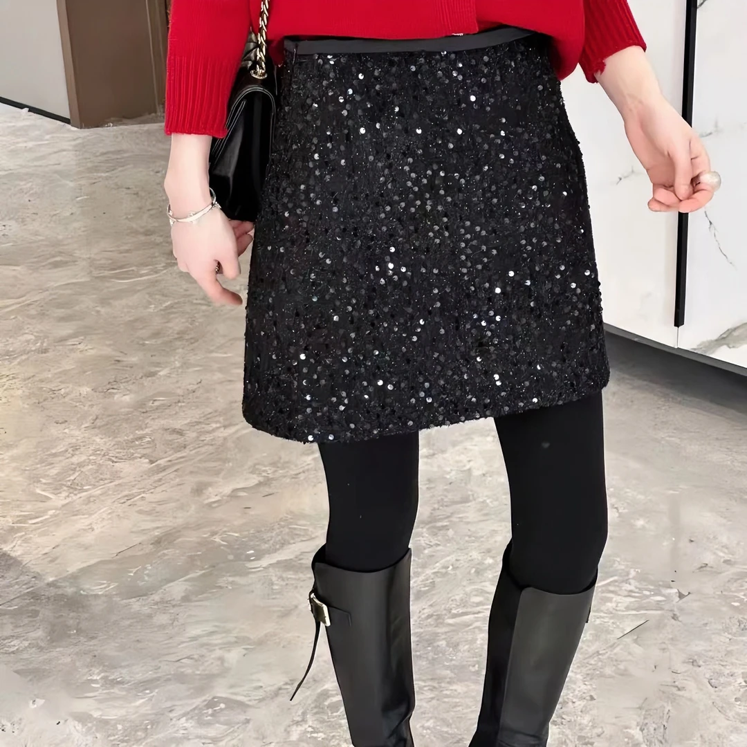 网红小香风气质亮片显瘦半身裙秋冬时尚高腰百搭重工a字黑色短裙
