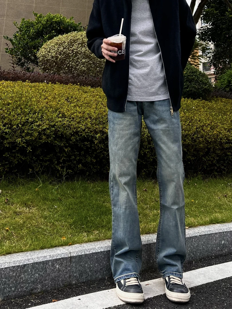 BBC【新款复古蓝牛仔裤】直筒微喇百搭显高弹力长裤男女秋冬款