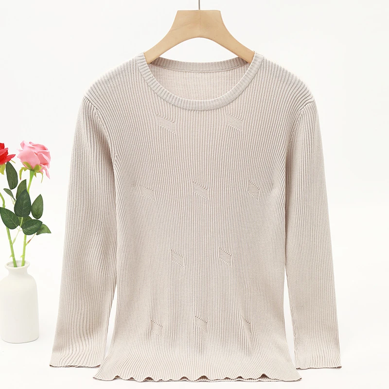 女士新款桑蚕丝圆领螺纹针织衫纯色内搭外穿九分袖打底上衣 C6151