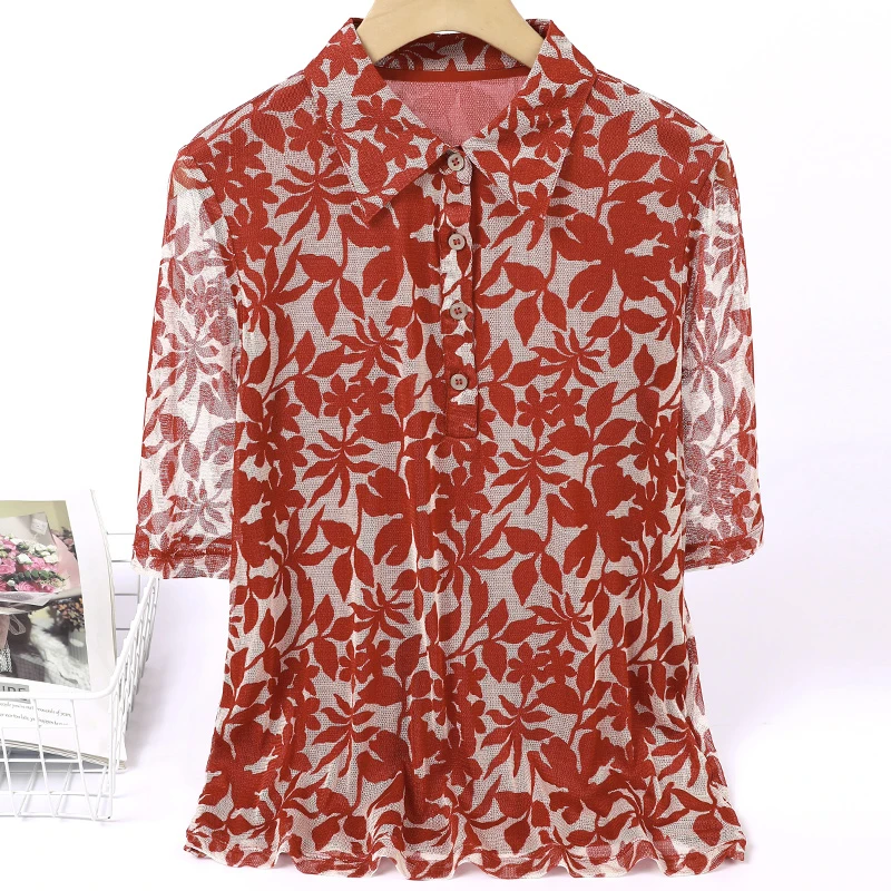 LANZIBES/蓝之蓓真丝克网纱POLO领印花高贵桑蚕丝T恤套头衫M4920