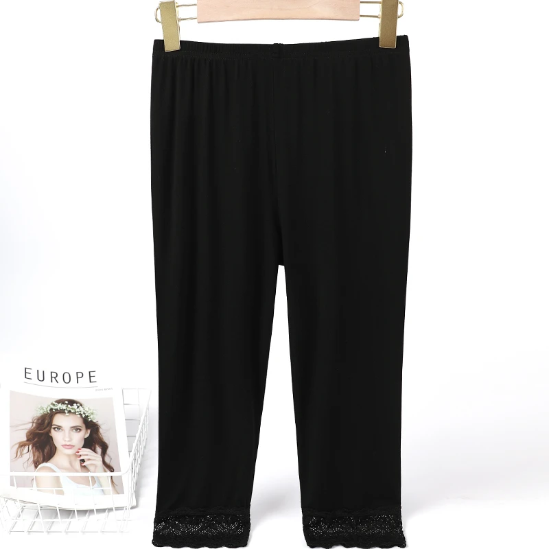 D直播推荐女士竹纤维外穿舒适透气黑色蕾丝边七分打底休闲裤A3974