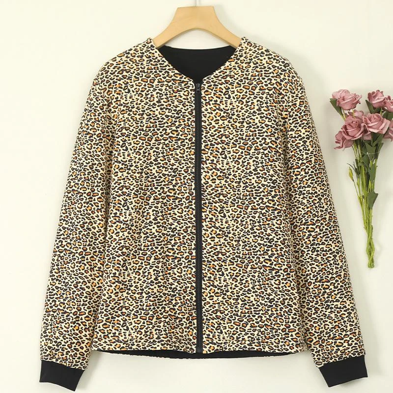 冬季新品女士桑蚕丝棉袄加厚保暖舒适棉服外穿防寒豹纹印花C7463