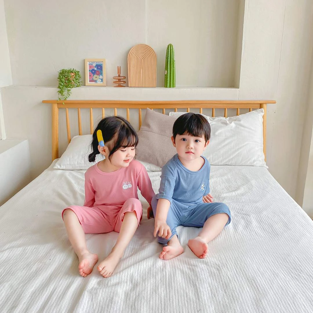 儿童家居服套装男孩女孩睡衣宝宝空调服冰丝夏季薄款七分袖休闲