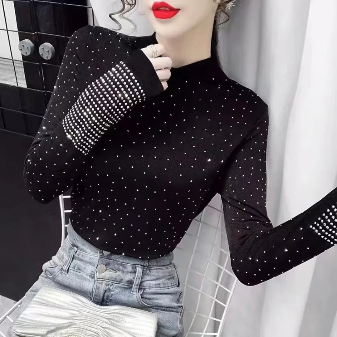 【小娅专享】秋季重工满天星闪钻烫钻半高领薄款洋气修身打底衫