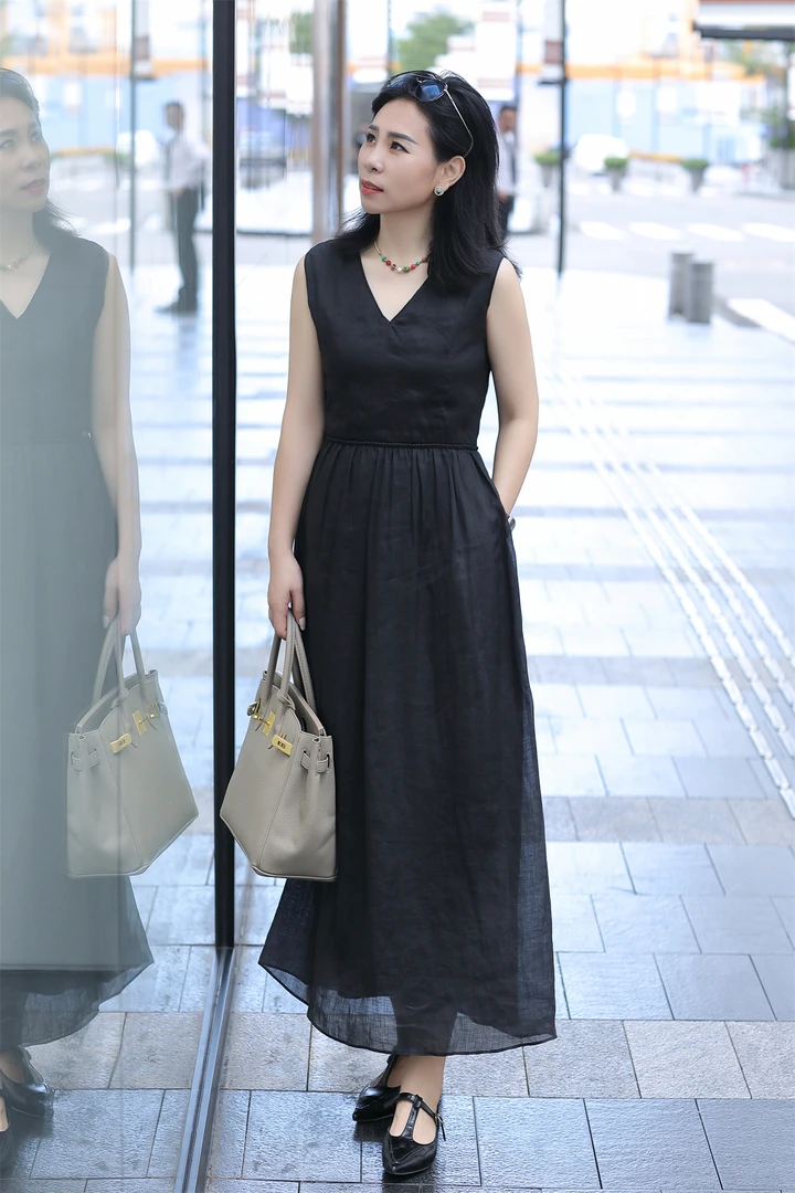 【杜小小】法式时尚V领苎麻收腰优雅显瘦气质纯色长款连衣裙裙子996