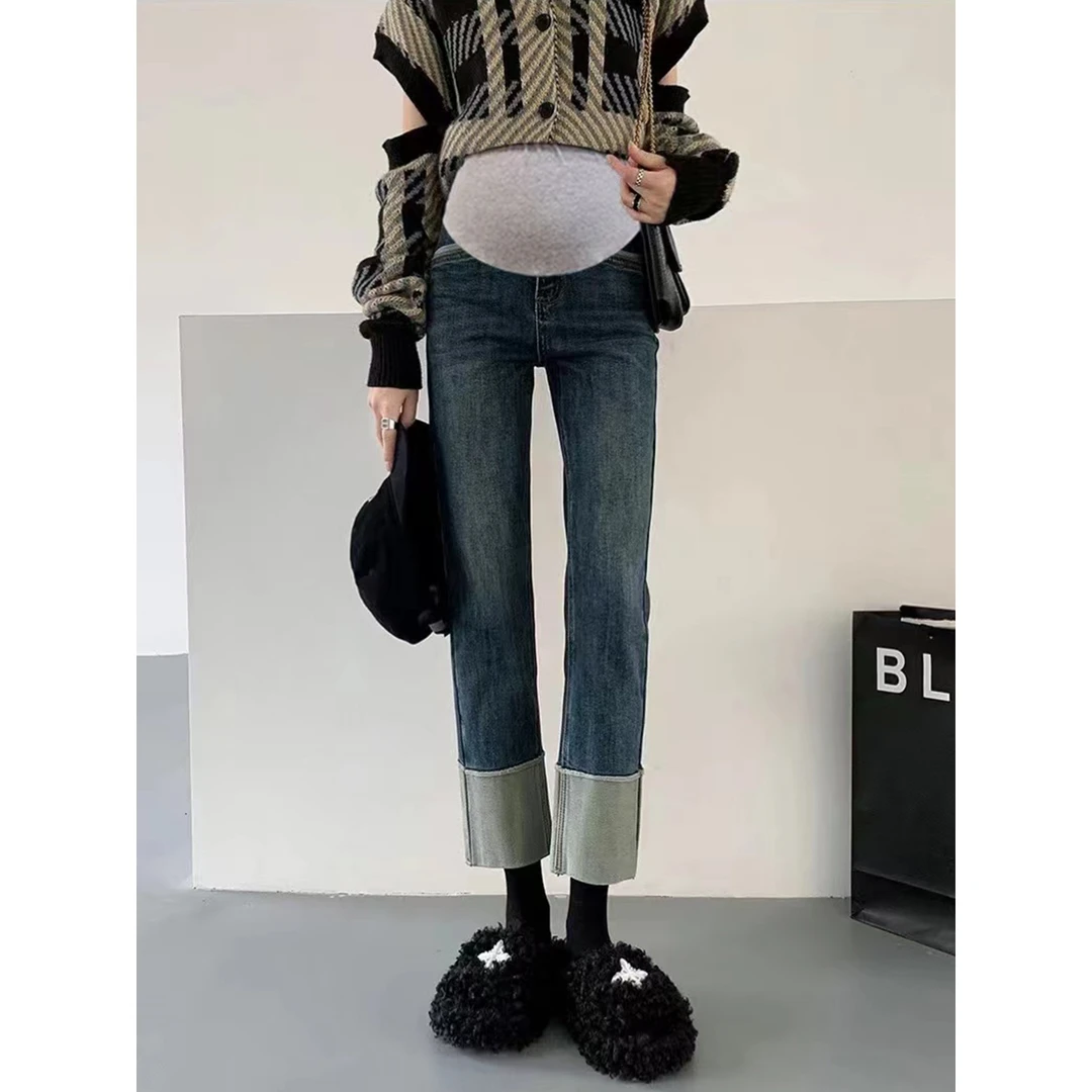 孕妇直筒牛仔裤秋季外穿宽松设计感2023新款复古九分烟管裤秋冬款