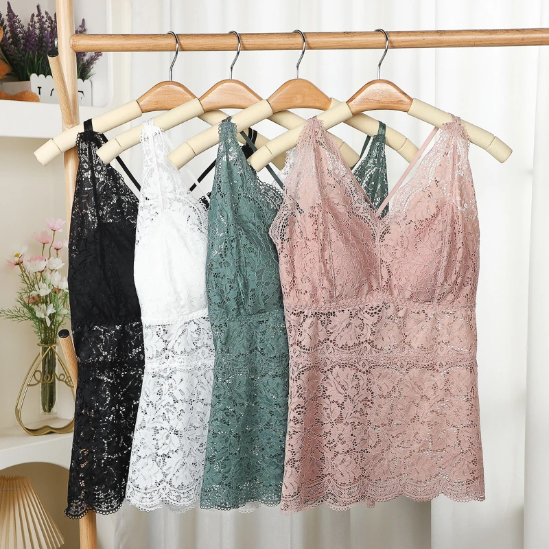 夏季法式蕾丝美背内衣透气带胸垫时尚性感外穿吊带大码女背心打底