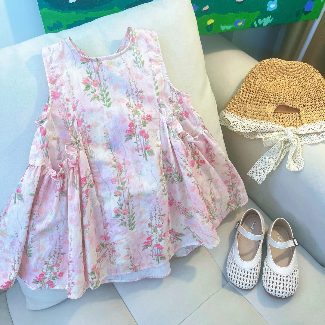 【汀畔小花】女童设计师款新款时尚印花风夏季纯棉夏装中大童公主裙