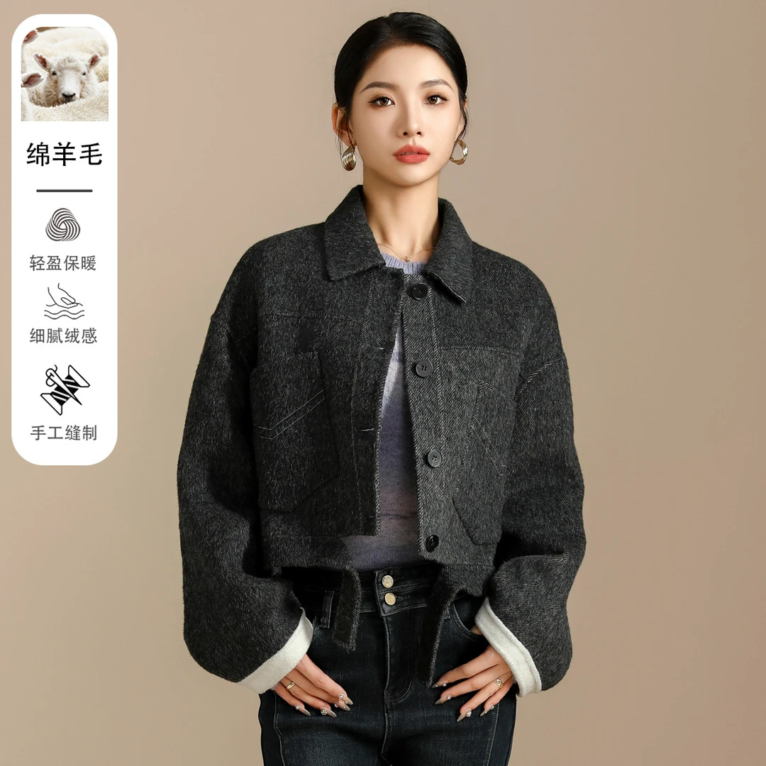【绒+绵羊毛】冬季短款双面呢女韩款宽松翻领保暖大衣外套女