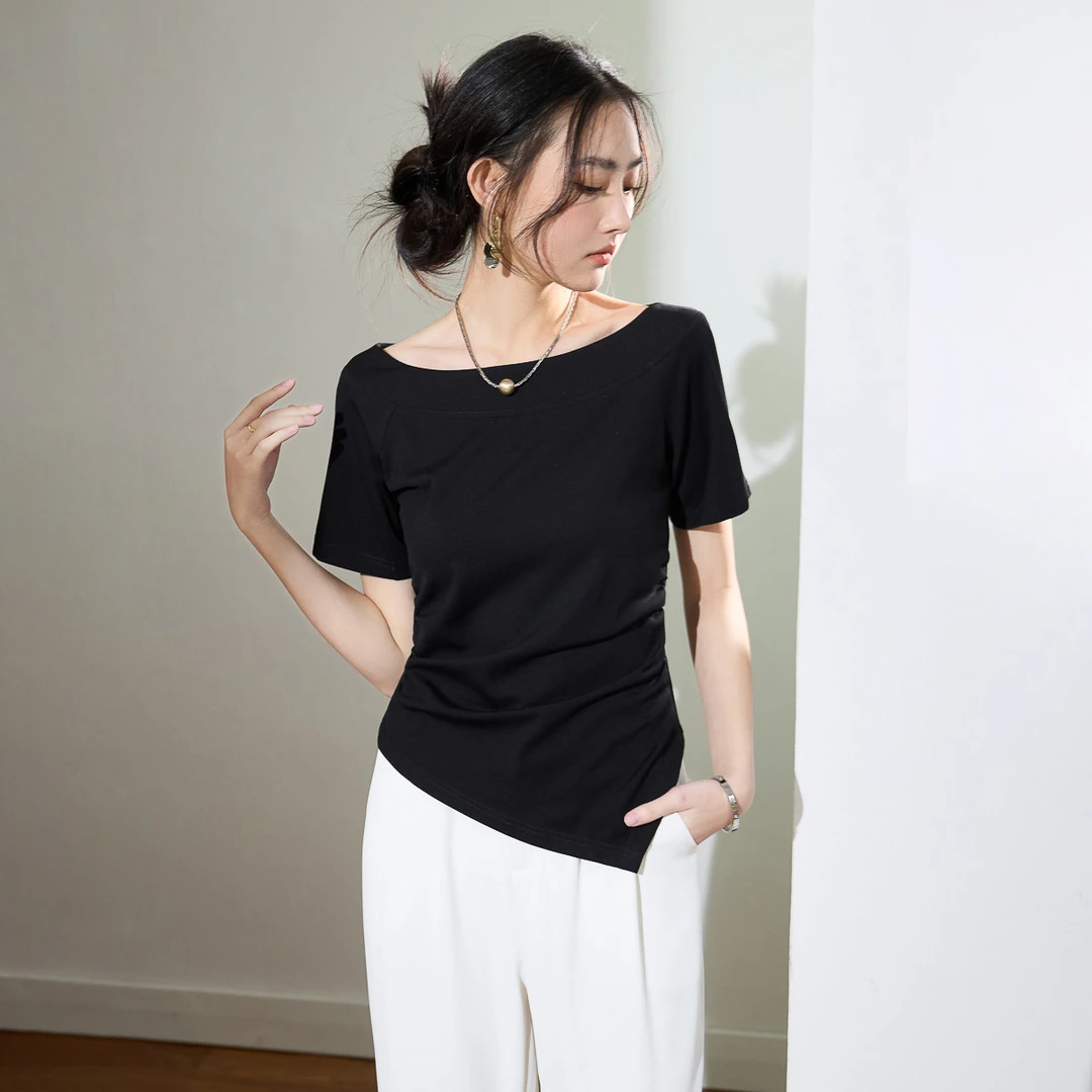 诗萌不规则斜边抽褶皱收腰一字肩T恤女夏新款洋气显瘦百搭上衣