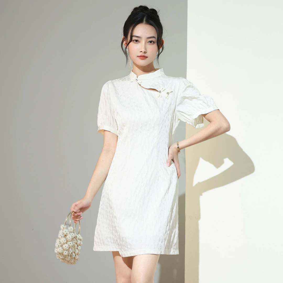 斜襟盘扣国风改良旗袍式夏季连衣裙气质高级感镂空设计提花短裙