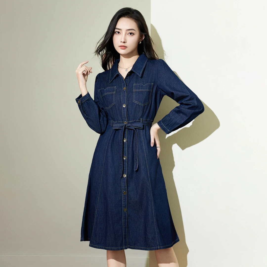 【收腰牛仔连衣裙】简约纯色春秋款复古时尚通勤翻领显瘦中长裙女