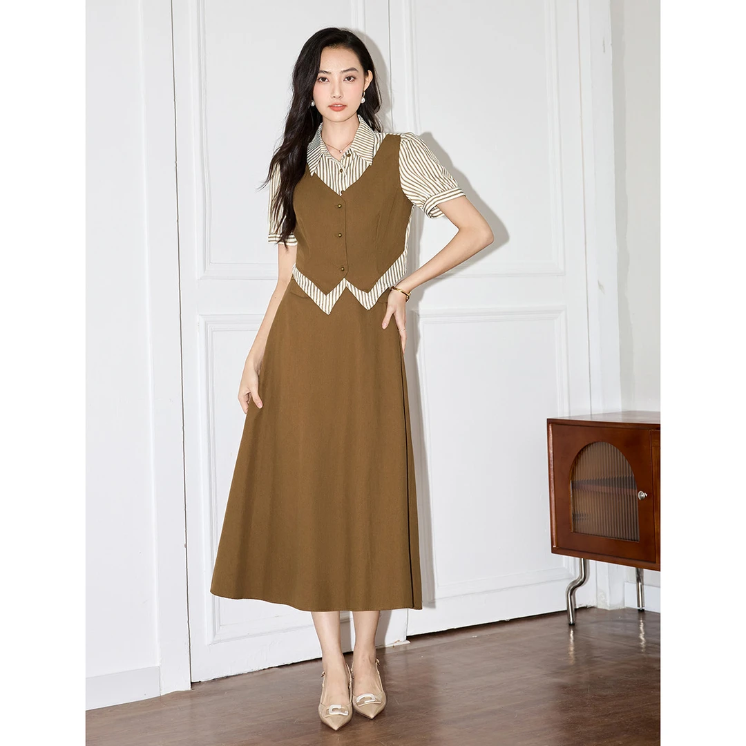 诗萌夏季假两件条纹短袖衬衫女搭a字半身裙套装气质高级感时尚