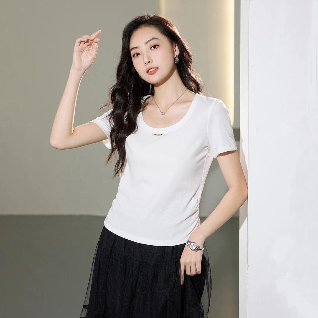 诗萌度假系列夏季U领短袖T恤女抽褶百搭显瘦多巴胺休闲上衣