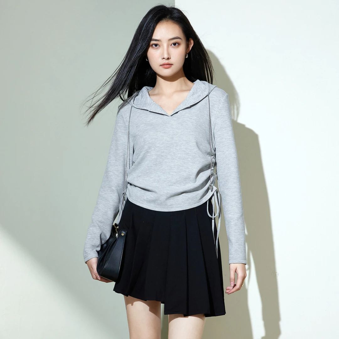 诗萌春秋款连帽短款宽松纯色卫衣休闲时尚抽褶显瘦上衣女