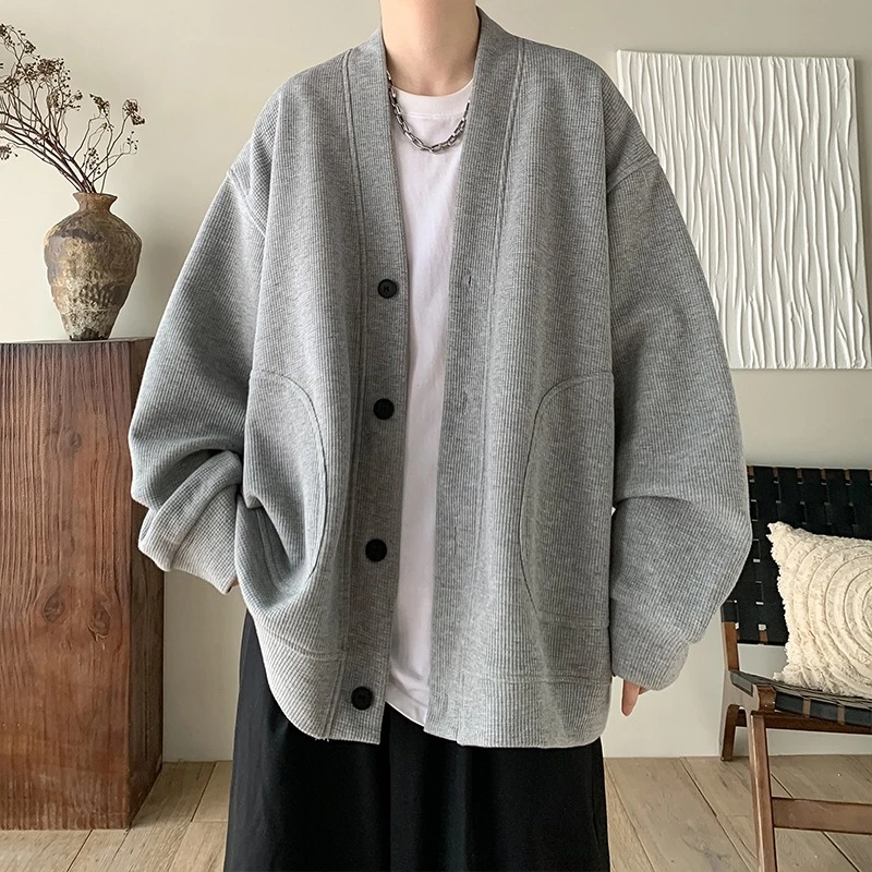 纯黑色日系慵懒风外套男潮高级感华夫格V领针织开衫情侣春秋夹克