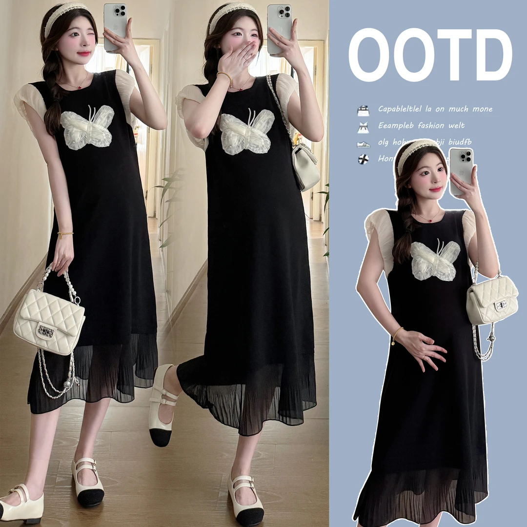 孕妇装连衣裙夏百搭减龄女蝴蝶结拼接直筒裙中长款宽松网纱裙子