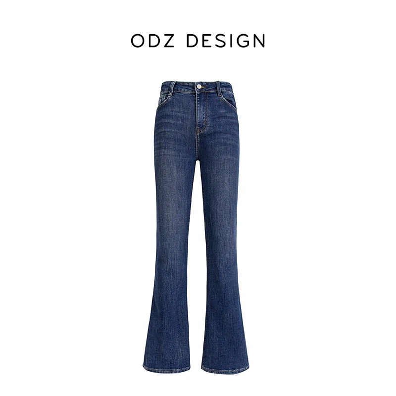 【ODZ】弹力莱卡/复古蓝色高腰修身显瘦喇叭牛仔裤女