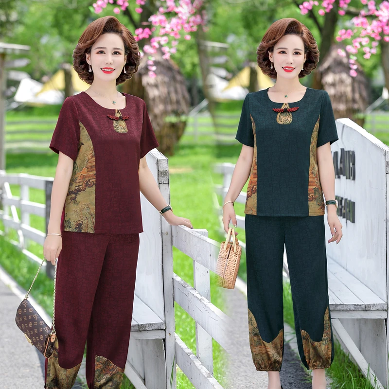 中年妈妈夏装套装2024新款洋气上衣小衫夏季女短袖雪纺T恤裤子