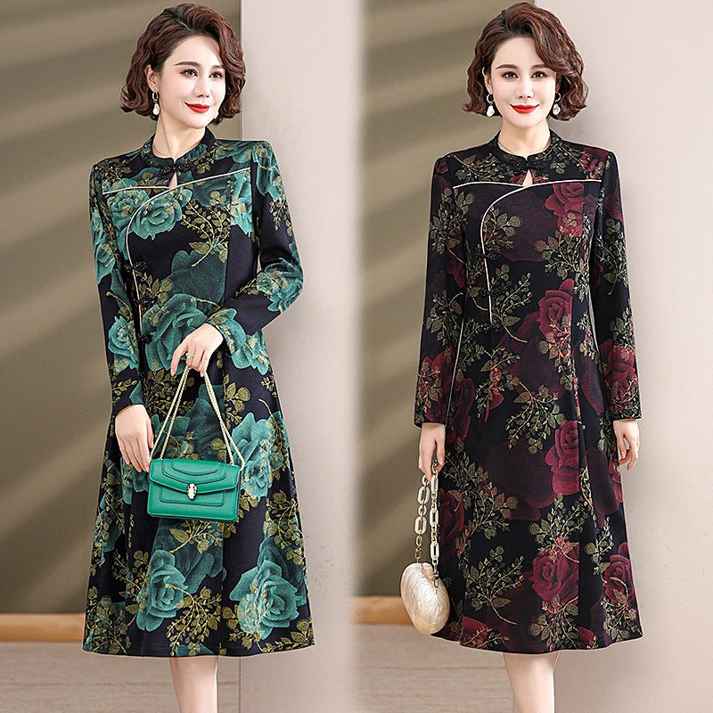 妈妈连衣裙长袖秋装中老年女装新中式国风优雅气质高贵旗袍裙子