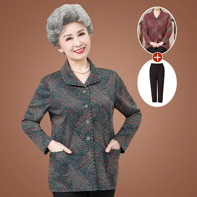 奶奶春装翻领衬衫老年人女装长袖翻领上衣老太太薄款秋季外套妈妈